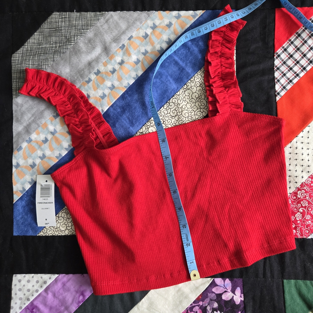 Aritzia Tank Top Cropped Ruffled Strap Ribbed True Red - Picture 3 of 4
